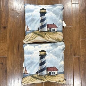 Vintage Mohawk Lighthouse Sailboat Pillows 2 Lot Bundle Print Tapestry 15x15 Sea